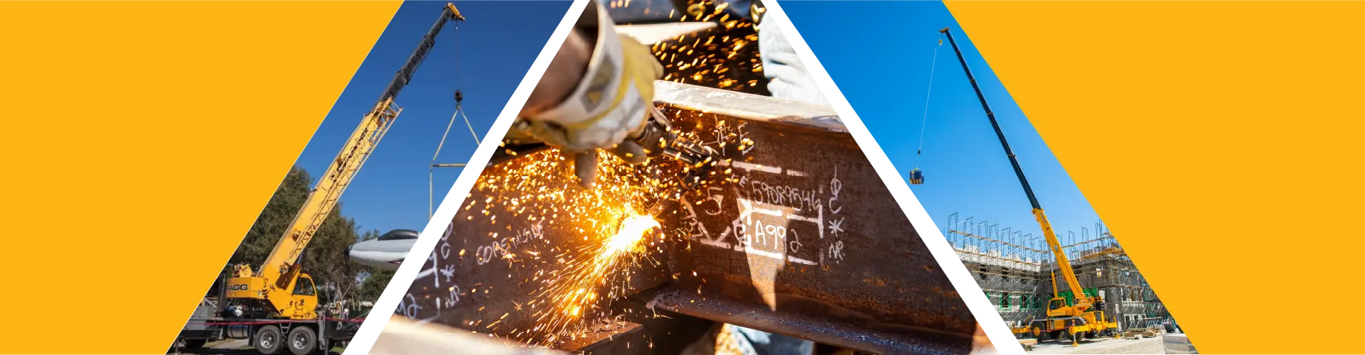 Collage of construction imagery featuring cranes, welding sparks, and a building under construction.